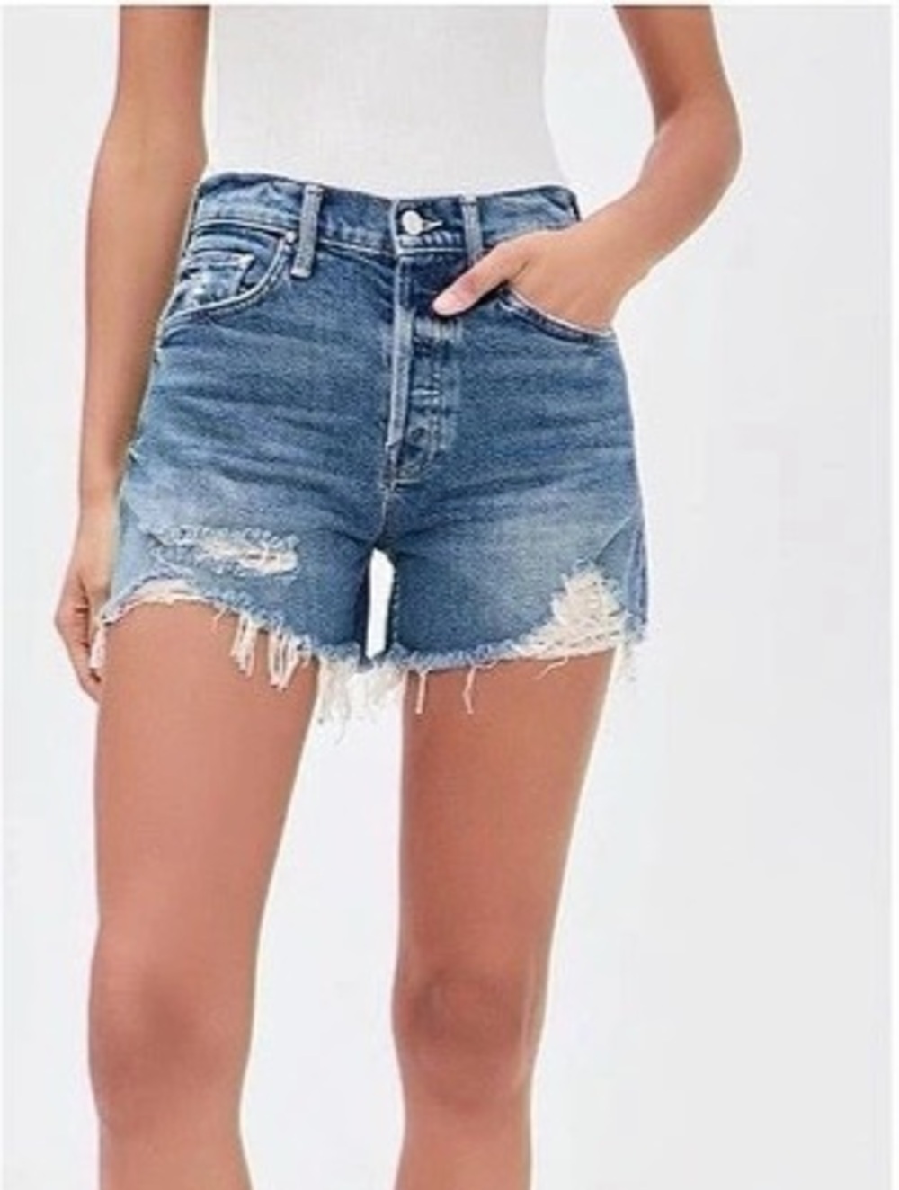 Mother The Skipper Short N' Loose Frayed Hem Jean Shorts in Blue Waist 25